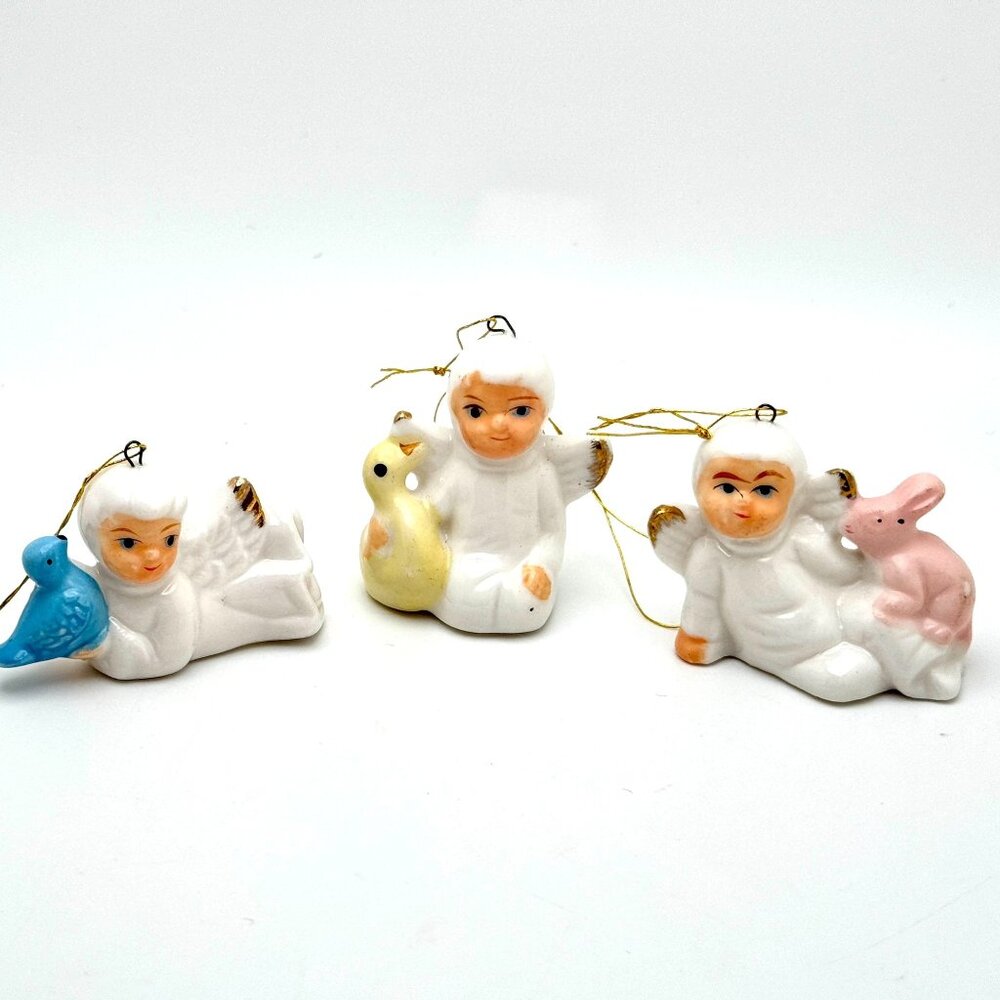 Vintage Ceramic Angel Ornaments Set Of 3 With Bird Duck Bunny Christmas Holiday